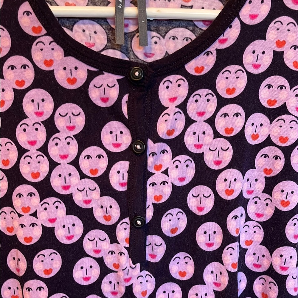 Anthropologie Pink and Purple button flouncy happy faces V-Neck Blouse